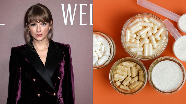 Taylor Swift next to bowls of vitamins