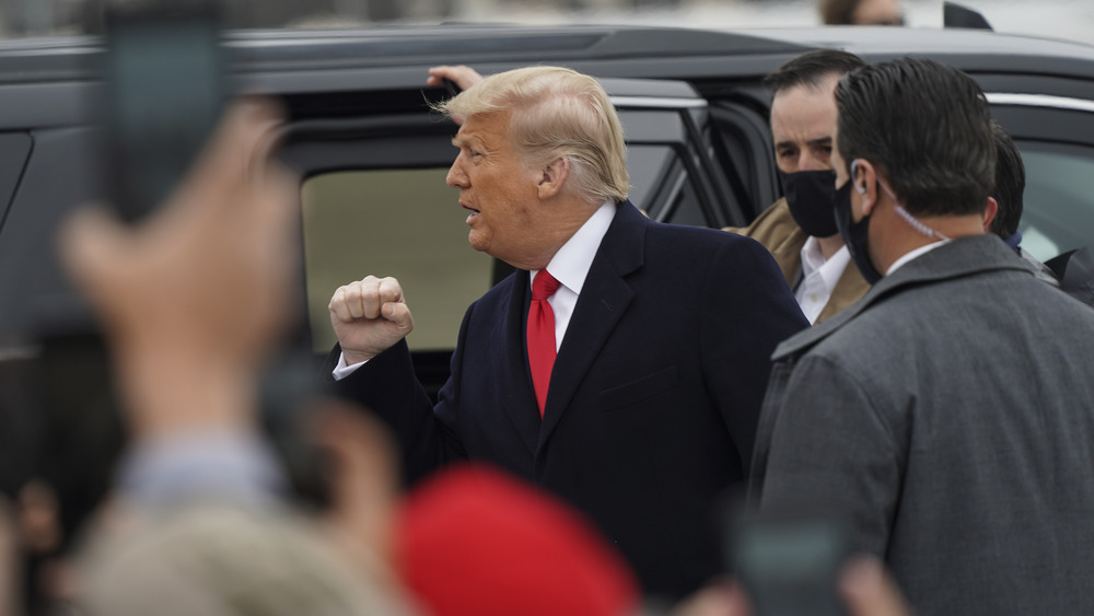 Donald Trump raising his fist with supporters