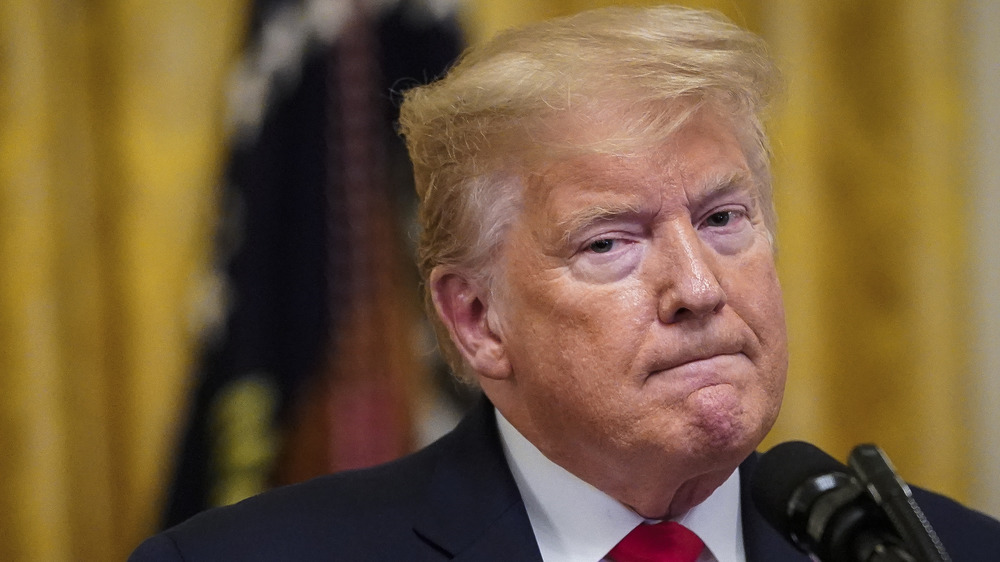 Donald Trump looks pensively into the camera at the White House