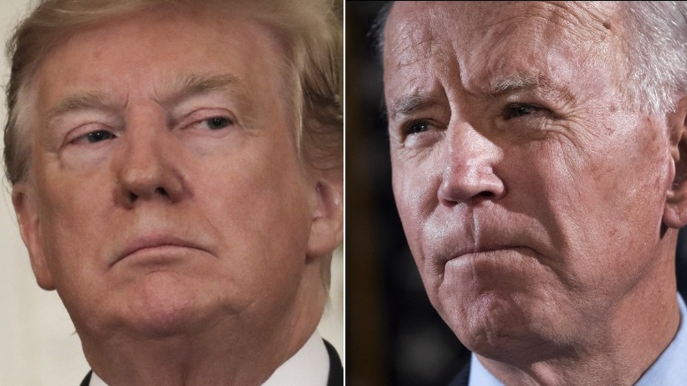 Donald Trump looking angry (left), Joe Biden looking stern (right)