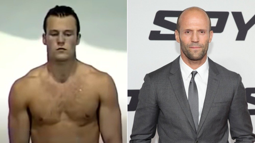 Jason Statham at a swimming competition (left), Jason Statham bald and in a suit (right)