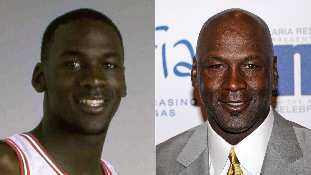 Michael Jordan in jersey and with hair (left), in grey suit and bald (right)