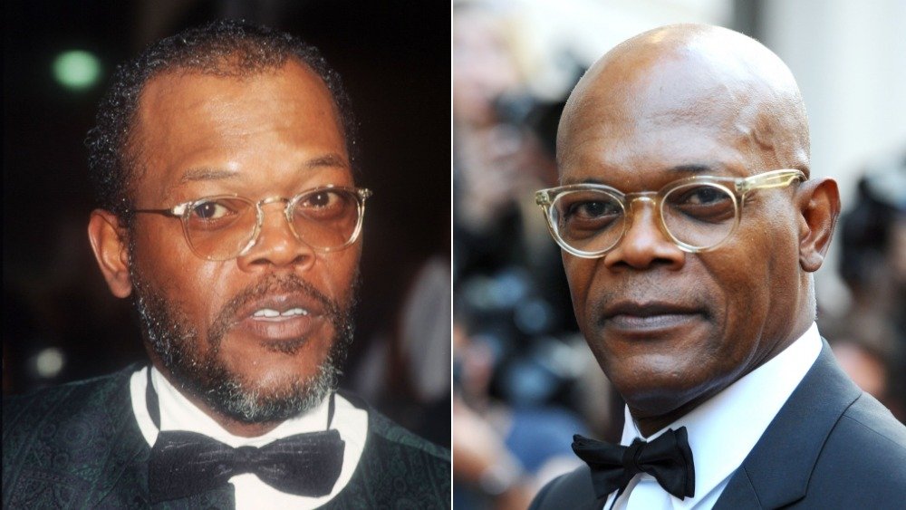 Samuel L. Jackson with glasses and hair on left, Samuel L. Jackson with glasses and bald head on right