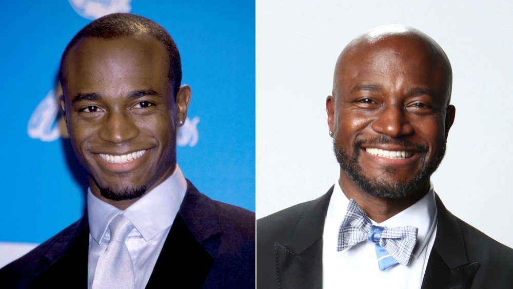 Taye Diggs in front of blue wall with short hair (left), bald in suit (right)