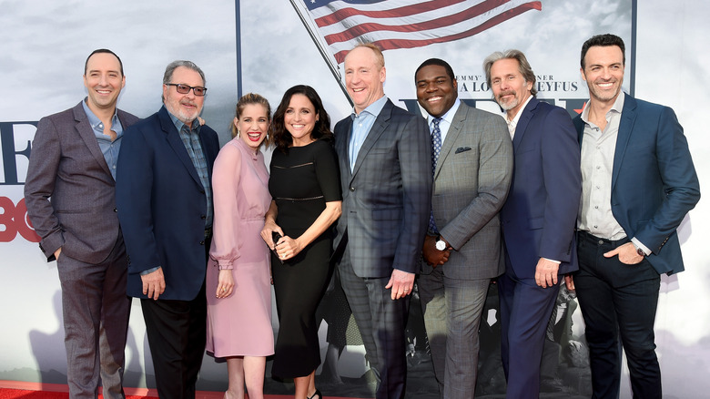 The cast of Veep smiling together on the red carpet