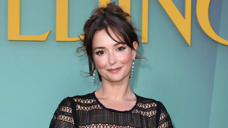 Milana Vayntrub with pearl earrings