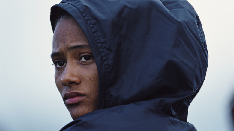 Marion Jones in hooded coat