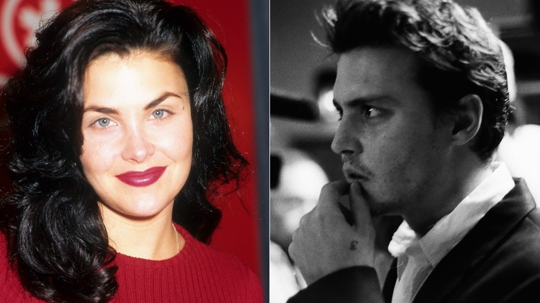 Sherilyn Fenn posing, Johnny Depp with hand on chin