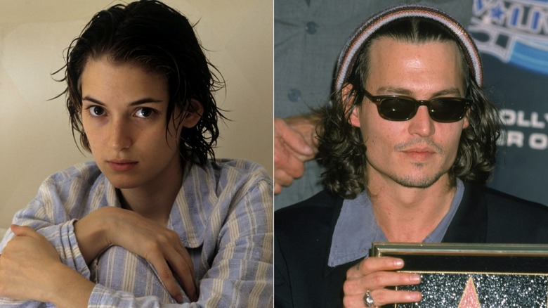 Winona Ryder posing in pajamas, Johnny Depp in sunglasses