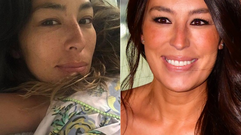 Split images of Joanna Gaines with no makeup and wearing makeup