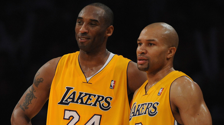 Derek Fisher and Kobe Bryant, posing side-by-side on the court