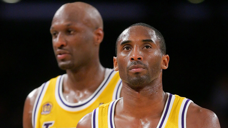 Kobe Bryant and Lamar Odom, posing together on the court