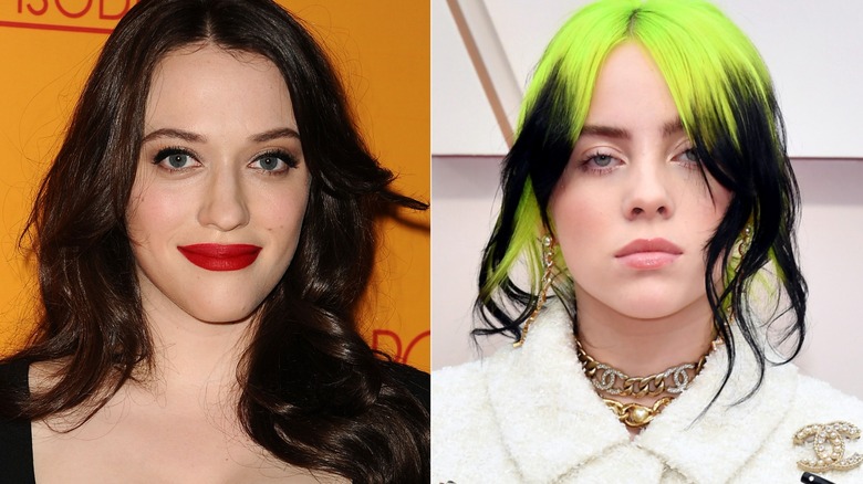 Kat Dennings smiling, Billie Eilish posing with green hair