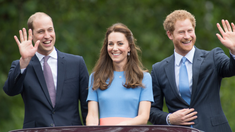 Prince William, Kate Middleton, and Prince Harry waving