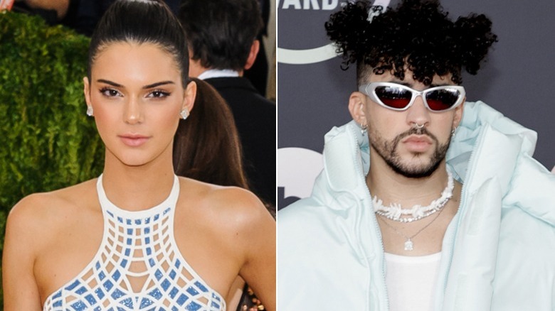 Kendall Jenner and Bad Bunny posing, composite image