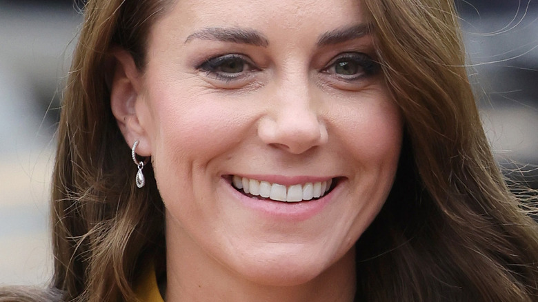 Kate Middleton smiling brown hair and diamond earring