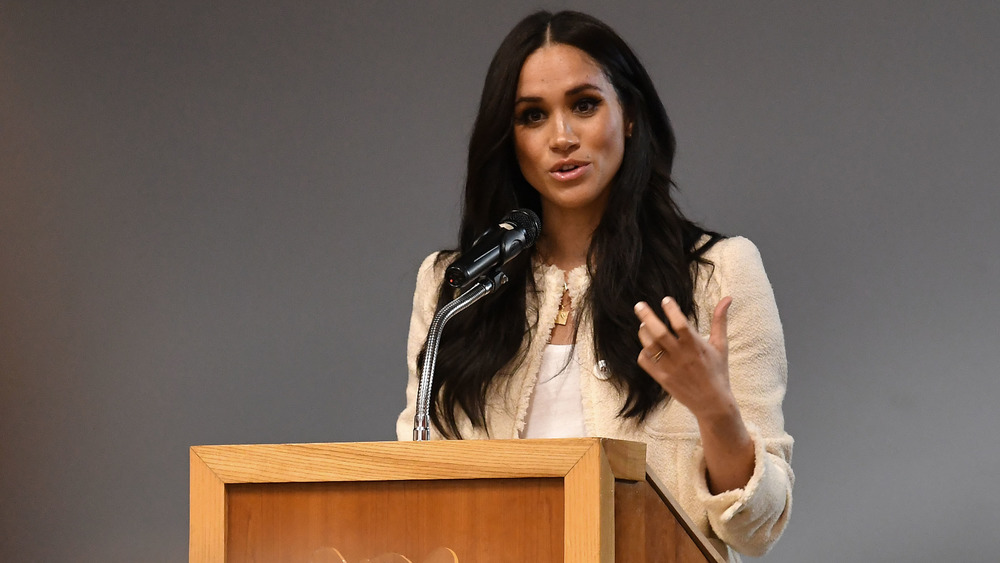 Meghan Markle speaking at Robert Clack Upper School