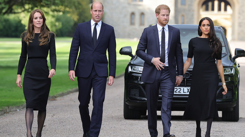 Prince William and Prince Harry walk together with their wives