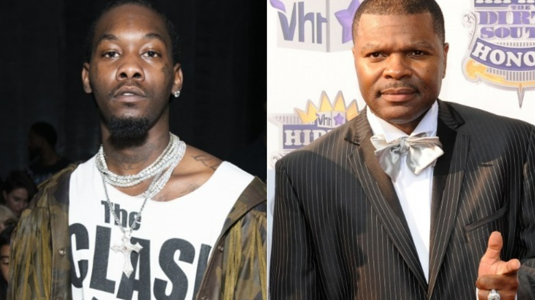 Offset wearing a Clash t-shirt, J. Prince wearing a tuxedo