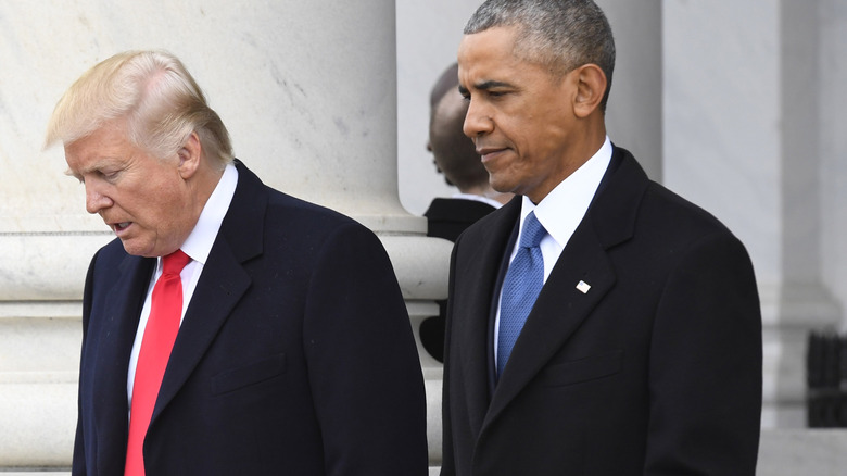 Barack Obama and Donald Trump frowning