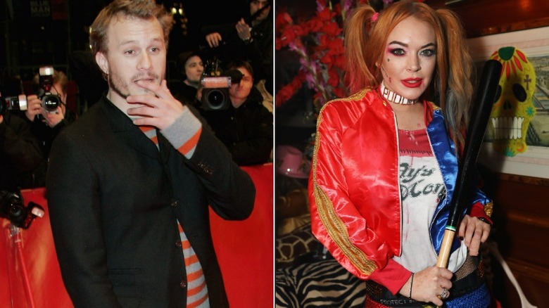 Heath Ledger posing, Lindsay Lohan in Harley Quinn costume