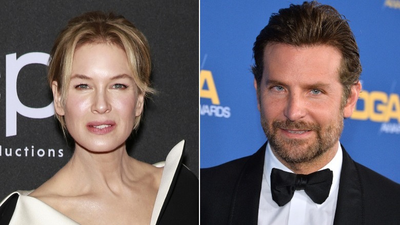 Renée Zellweger Bradley Cooper posing split image