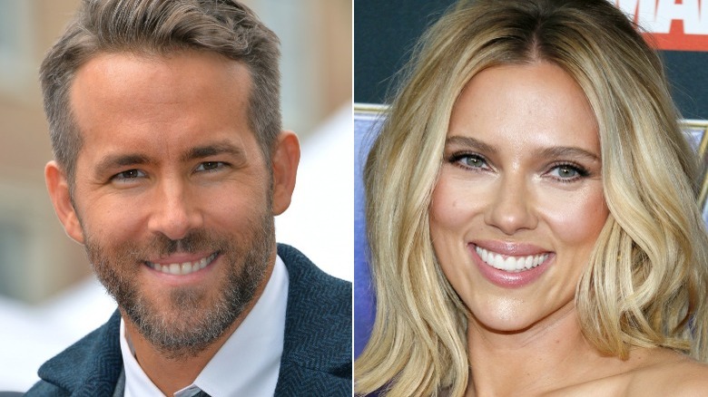 A composite image of Ryan Reynolds and Scarlett Johansson smiling