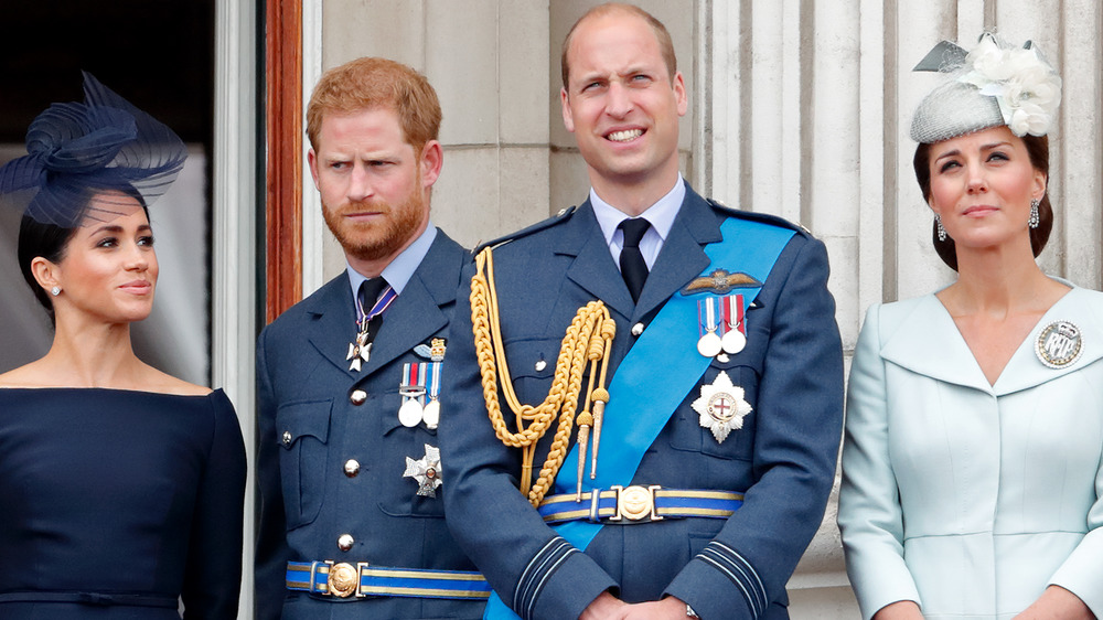 Meghan Markle, Prince Harry, Prince William, and Kate Middleton staring