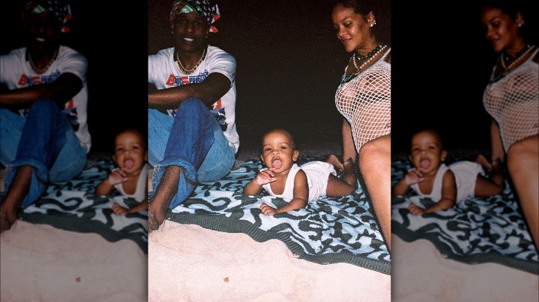 Rihanna and A$AP Rocky sit on blanket with RZA 