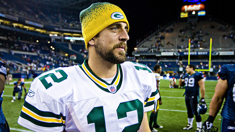 Aaron Rodgers on the football field 