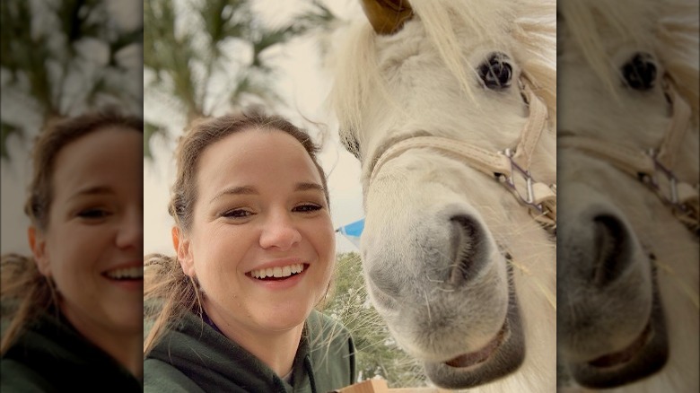 Kay Panabaker with a horse dressed as a unicorn