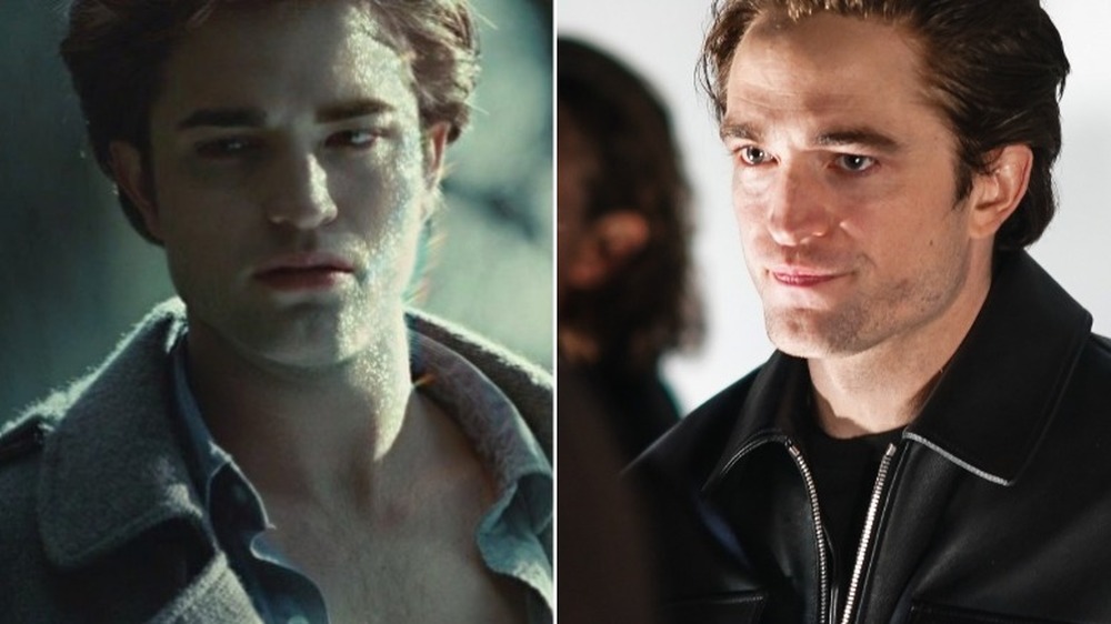 Left: Robert Pattinson in Twilight; Right: Robert Pattinson in leather jacket