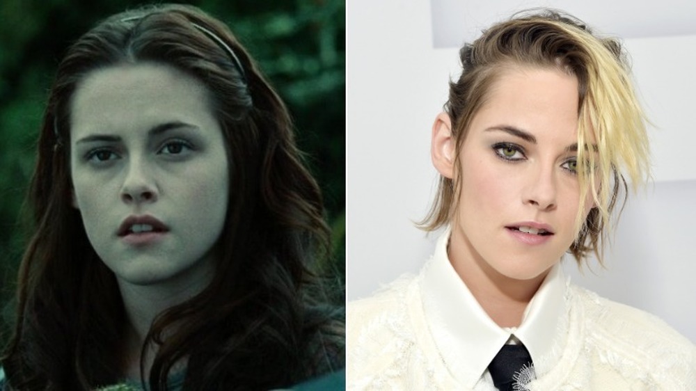 Left: Kristen Stewart in Twilight; Right: Kristen Stewart with short blonde hair