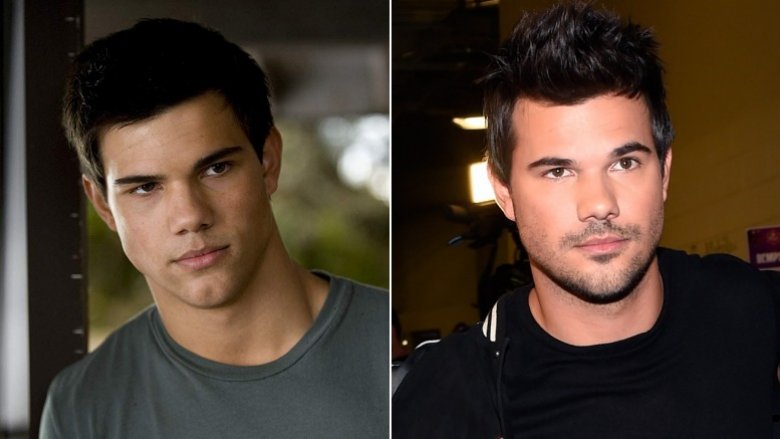 Left: Taylor Lautner in Twilight; Right; Taylor Lautner looking serious at a Hollywood event 