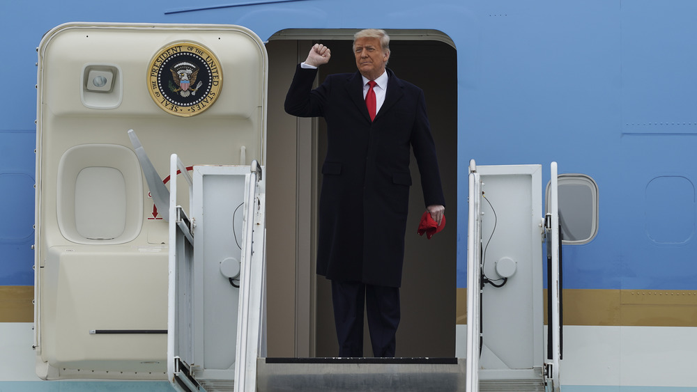 Donald Trump raising his fist on Air Force One