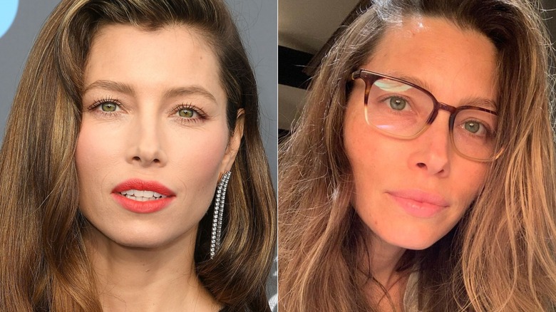 Jessica Biel wearing coral lipstick, glasses