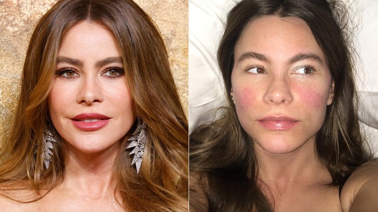 Sofia Vergara with chandelier earrings, flushed cheeks