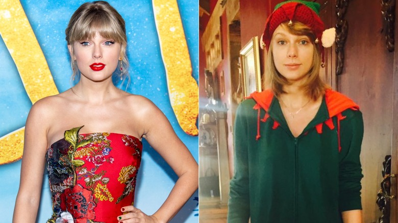 Taylor Swift wearing red dress, elf costume