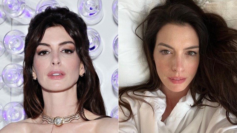 Anne Hathaway wearing choker, in bed