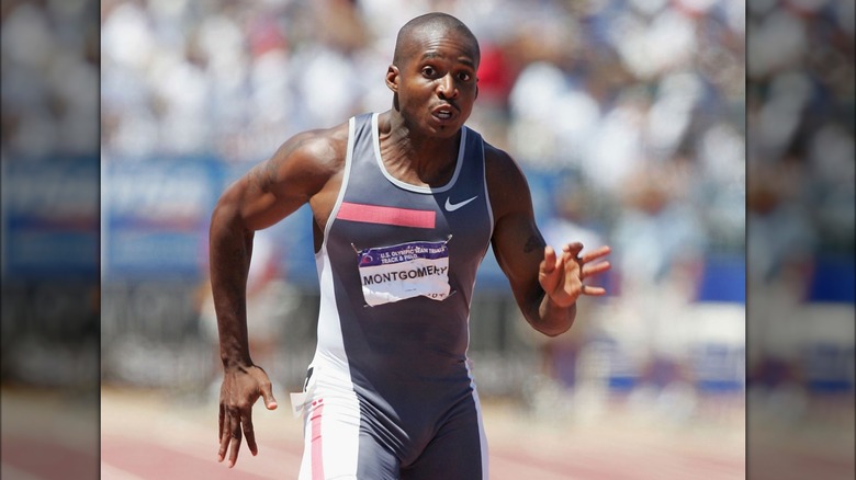 Tim Montgomery runs in grey speed suit