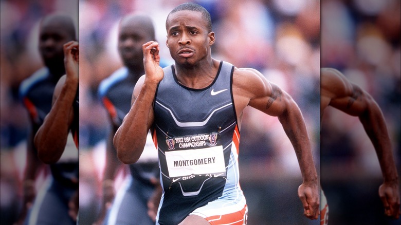 Tim Montgomery sprints in grey speed suit