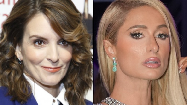 Tina Fey smirking; Paris Hilton staring