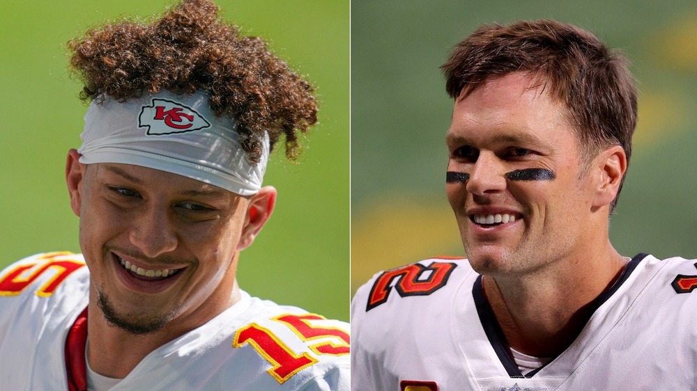 Tom Brady and Patrick Mahomes on the football field