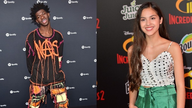 Lil Nas X smiling in a graphic shirt alongside an image of Olivia Rodrigo smiling in a polka dot top and green skirt