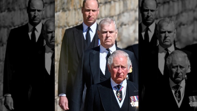 Prince Charles, Prince Andrew, and Prince William walking at Prince Philip's funeral