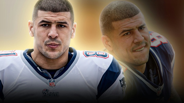 Side by side photos of Aaron Hernandez in uniform