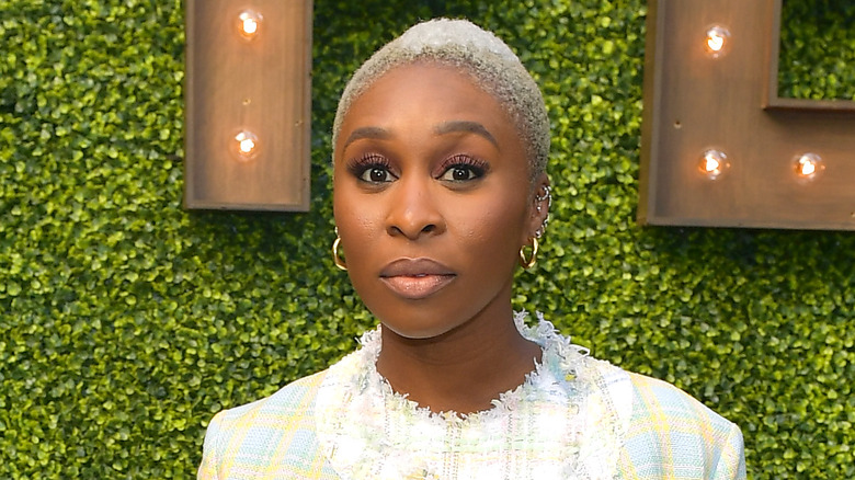 Cynthia Erivo wearing tweed and posing