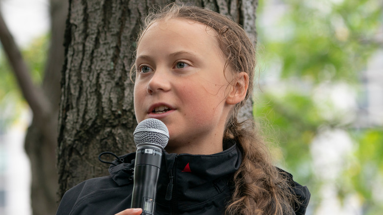 Greta Thunberg giving a speech 