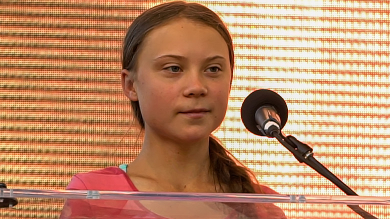 Greta Thunberg giving a speech 