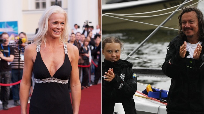 Malena Ernman smiling, Greta and Svante Thunberg clapping